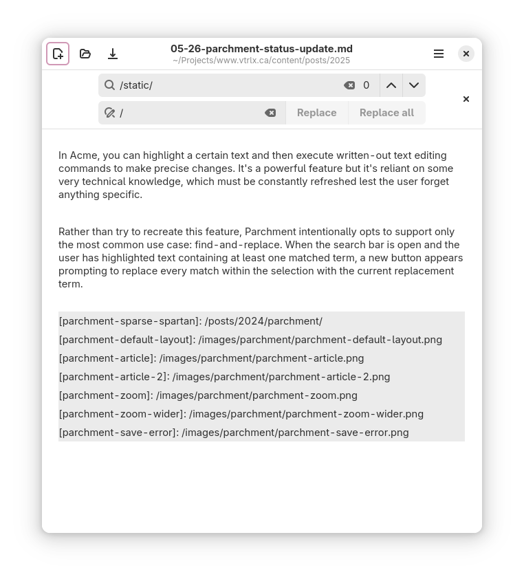 Screenshot of Parchment after performing a replace in selection operation