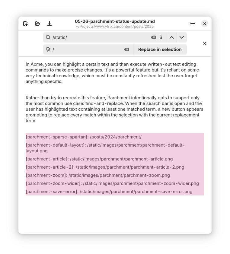 Screenshot of Parchment showing the replace in selection feature ready to use
