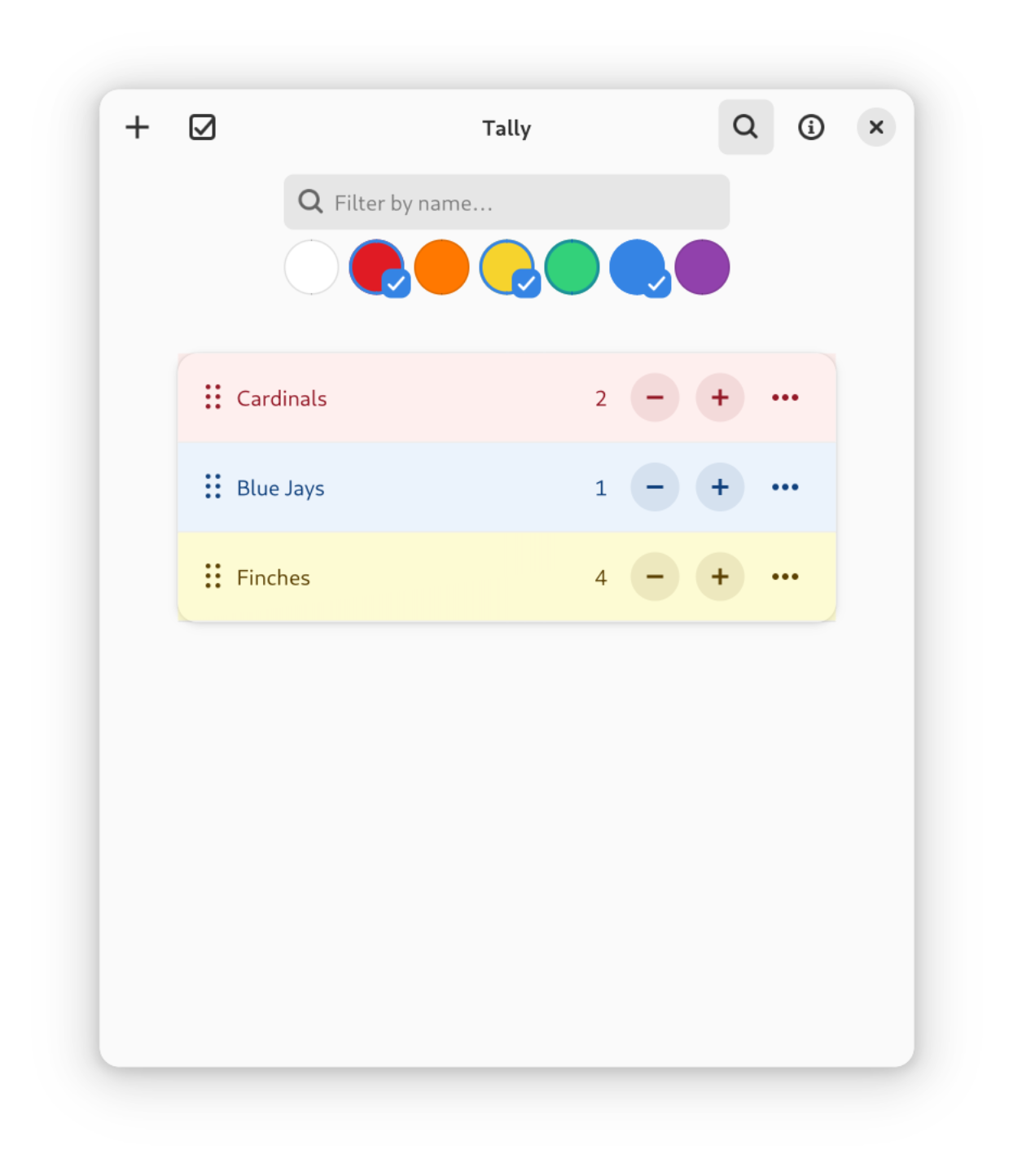 tallies filtered by colour; multiple are selected