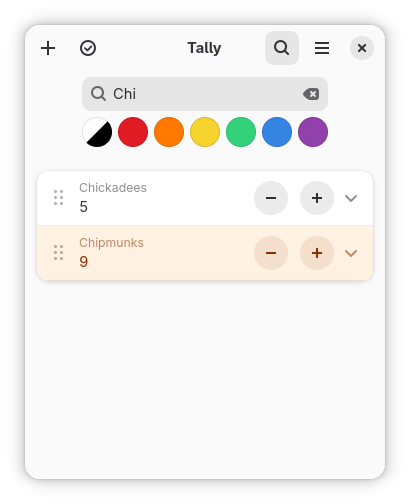 Tally screenshot, filtering counters by name
