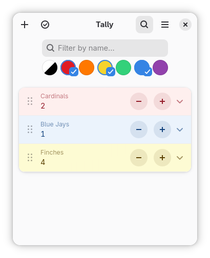 Tally screenshot, filtering counters by colour