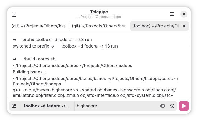 Screenshot of Telepipe using a Toolbx prefix