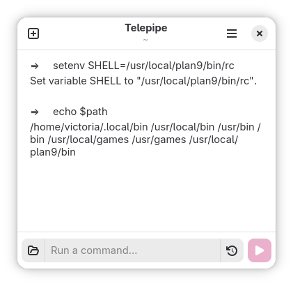 Screenshot of Telepipe running Plan 9's rc shell