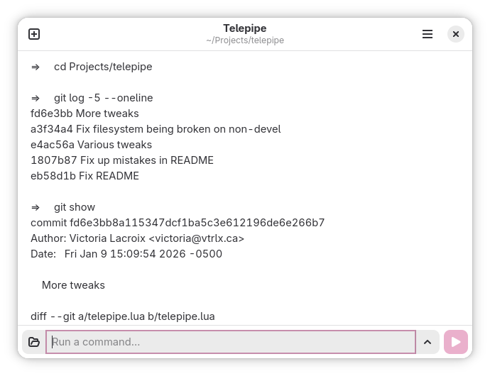 Screenshot of Telepipe while using Git