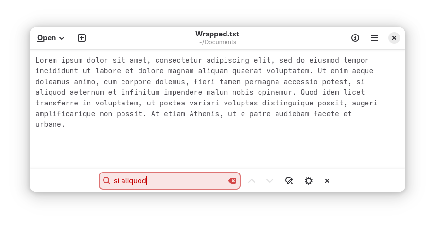 Screenshot of GTE's find feature failing to locate the phrase "si aliquod"